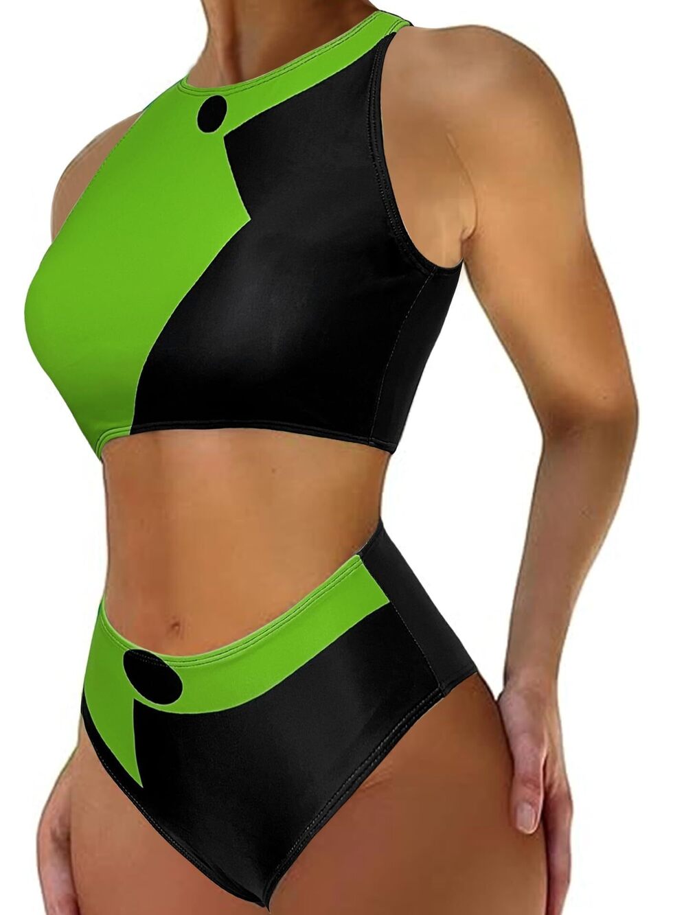 3994 Colorblock Shego Costume - Rave Outfit Swimsuits High Neck Crop Top